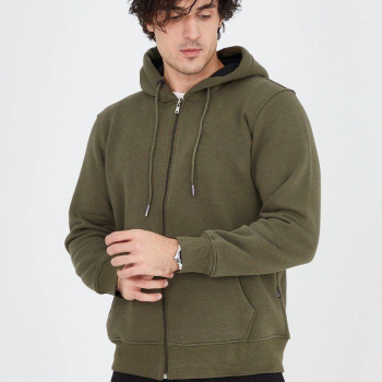 Kapüşonlu Düz Fermuarlı Hırka - Yeşil