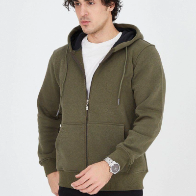 Kapüşonlu Düz Fermuarlı Hırka - Yeşil