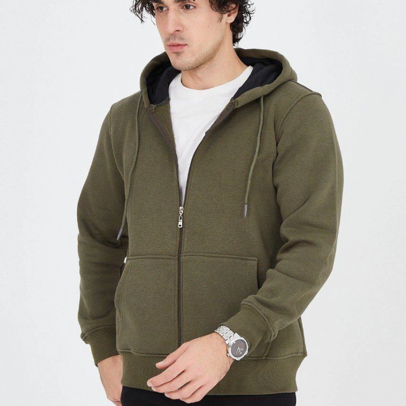 Kapüşonlu Düz Fermuarlı Hırka - Yeşil