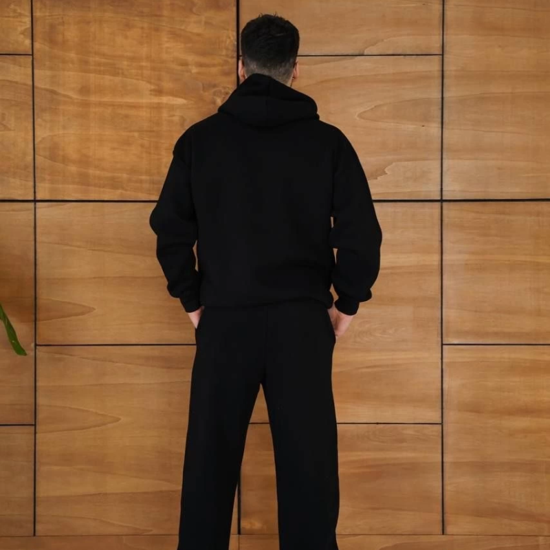 Kapüşonlu Eşofman Takım Örümcek Ağı ve Neon Yeşil Baskılı Kanguru cepli Oversize Rahat Kalıp, Premium Üç İplik Kumaş - Siyah -