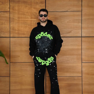 Kapüşonlu Eşofman Takım Örümcek Ağı ve Neon Yeşil Baskılı Kanguru cepli Oversize Rahat Kalıp, Premium Üç İplik Kumaş - Siyah -