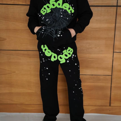 Kapüşonlu Eşofman Takım Örümcek Ağı ve Neon Yeşil Baskılı Kanguru cepli Oversize Rahat Kalıp, Premium Üç İplik Kumaş - Siyah -