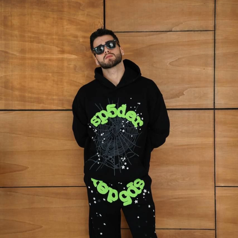 Kapüşonlu Eşofman Takım Örümcek Ağı ve Neon Yeşil Baskılı Kanguru cepli Oversize Rahat Kalıp, Premium Üç İplik Kumaş - Siyah -