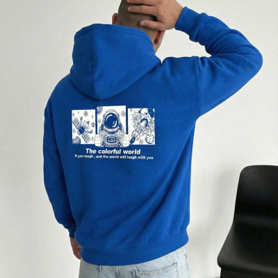 Kapüşonlu Oversize Hoodie – Üç İplik Pamuklu, Astronot Temalı Renkli Dünya Baskılı, Kanguru Cepli Premium Sweatshirt - Saks Mavi