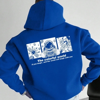 Kapüşonlu Oversize Hoodie – Üç İplik Pamuklu, Astronot Temalı Renkli Dünya Baskılı, Kanguru Cepli Premium Sweatshirt - Saks Mavi
