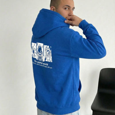 Kapüşonlu Oversize Hoodie – Üç İplik Pamuklu, Astronot Temalı Renkli Dünya Baskılı, Kanguru Cepli Premium Sweatshirt - Saks Mavi