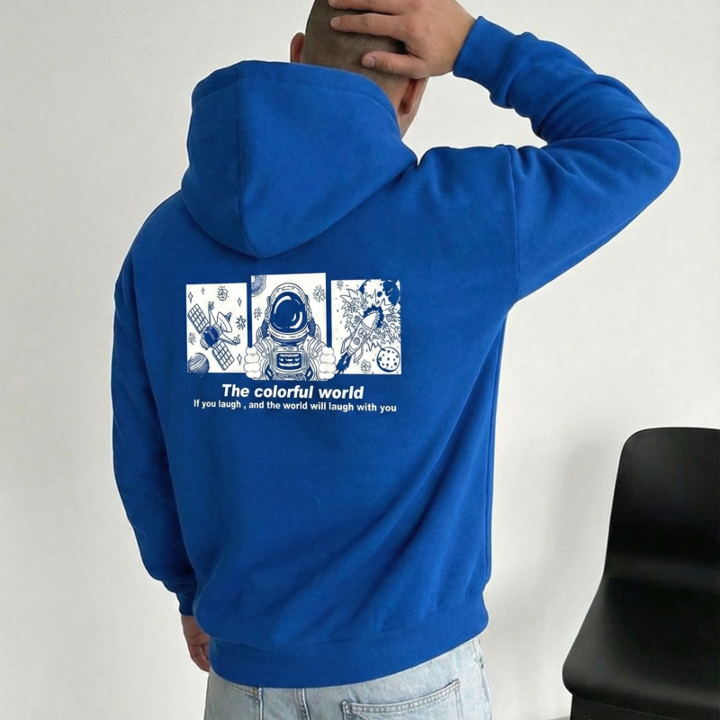 Kapüşonlu Oversize Hoodie – Üç İplik Pamuklu, Astronot Temalı Renkli Dünya Baskılı, Kanguru Cepli Premium Sweatshirt - Saks Mavi