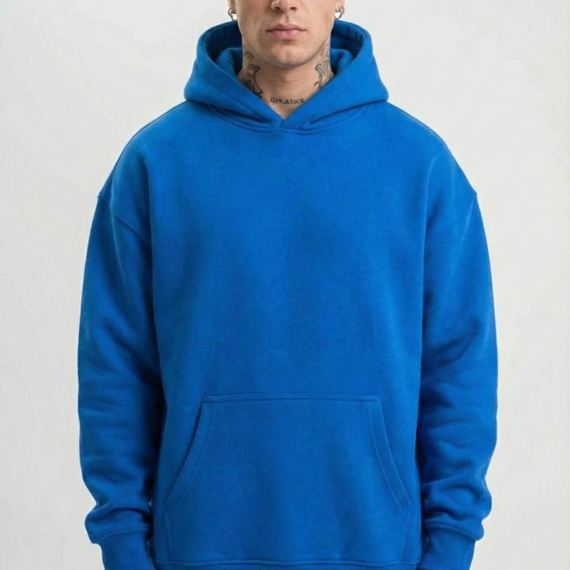 Kapüşonlu Oversize Hoodie – Üç İplik Pamuklu, Astronot Temalı Renkli Dünya Baskılı, Kanguru Cepli Premium Sweatshirt - Saks Mavi