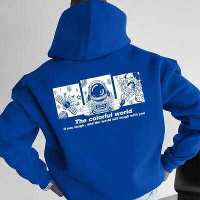 Kapüşonlu Oversize Hoodie – Üç İplik Pamuklu, Astronot Temalı Renkli Dünya Baskılı, Kanguru Cepli Premium Sweatshirt - Saks Mavi