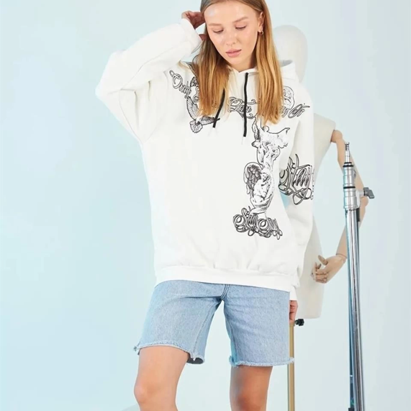 Kapüşonlu Strong Heykel Baskılı Sweatshirt - Beyaz -
