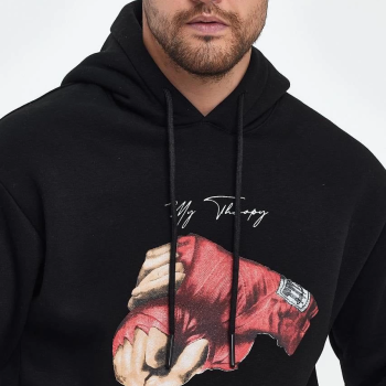 Kapüşonlu Üç İplik Oversize Baskılı Sweatshirt - Siyah -