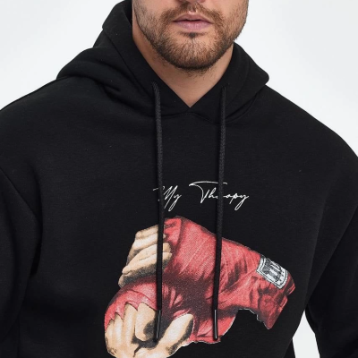 Kapüşonlu Üç İplik Oversize Baskılı Sweatshirt - Siyah -