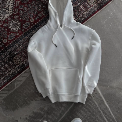 Kapüşonlu Üç İplik Penye Basic SweatShirt - Beyaz