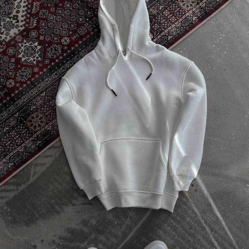 Kapüşonlu Üç İplik Penye Basic SweatShirt - Beyaz