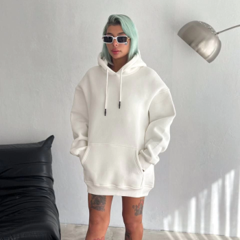 Kapüşonlu Üç İplik Penye Basic SweatShirt - Beyaz