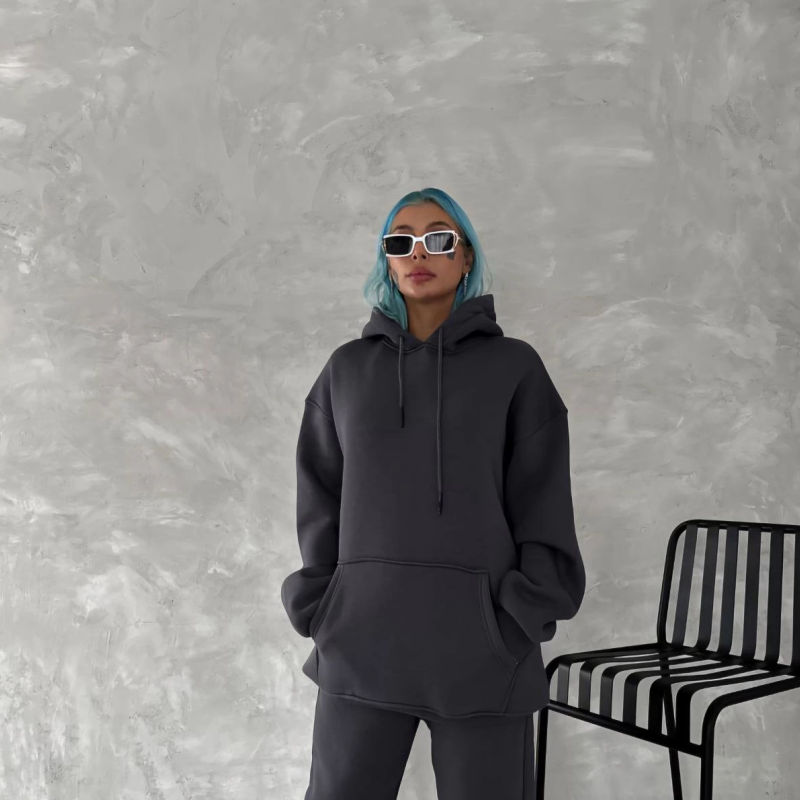 Kapüşonlu Üç İplik Penye Basic SweatShirt - Füme -