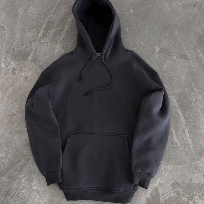 Kapüşonlu Üç İplik Penye Basic SweatShirt - Füme -