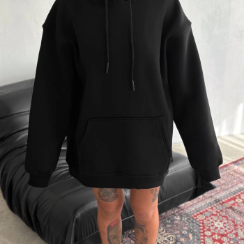 Kapüşonlu Üç İplik Penye Basic SweatShirt - Siyah -