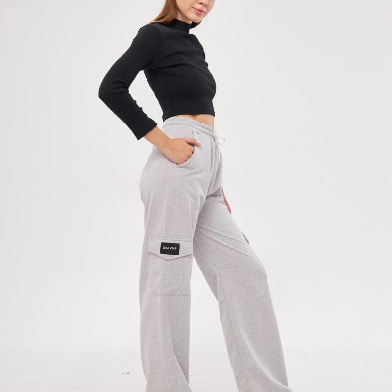 Kargo Cepli Palazzo Oversize Kesim İki iplik Bol Paça Eşofman Altı Pantolon - Gri