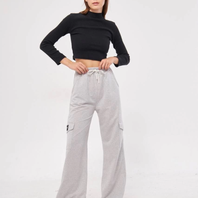 Kargo Cepli Palazzo Oversize Kesim İki iplik Bol Paça Eşofman Altı Pantolon - Gri