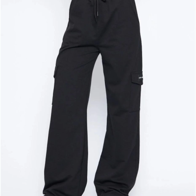 Kargo Cepli Palazzo Oversize Kesim İki iplik Bol Paça Eşofman Altı Pantolon - Siyah