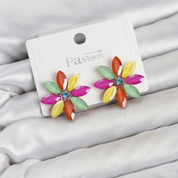 Karışık Renk Kristal Taşlı Lotus Çiçek Model Kadın Küpe