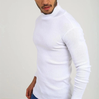 Kaşkorse Boğazlı Full Likralı Fitilli Body Kazak - Beyaz