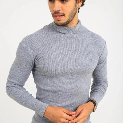 Kaşkorse Boğazlı Full Likralı Fitilli Body Kazak - Gri -