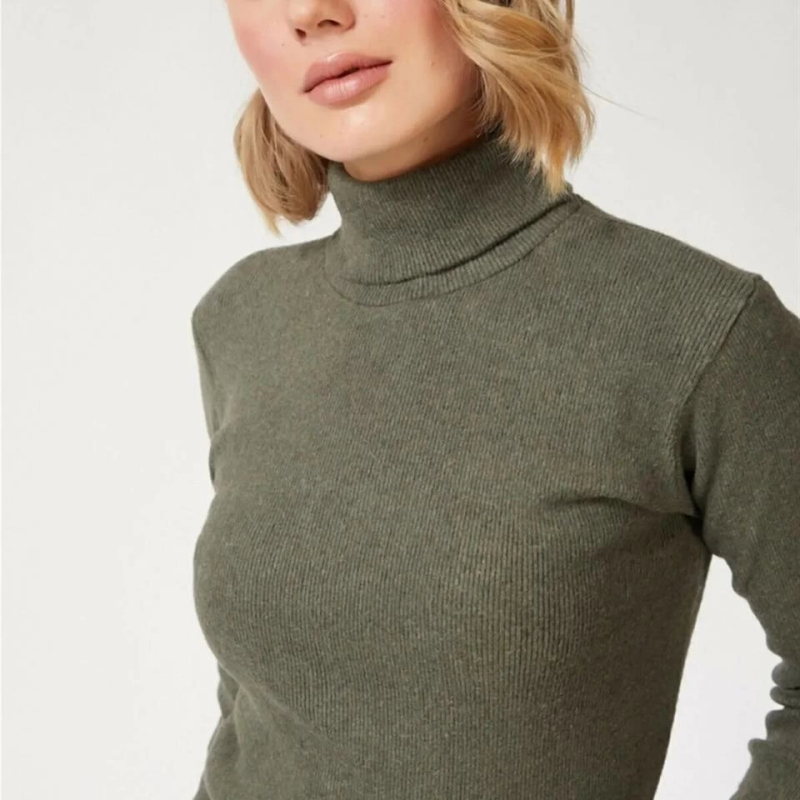 Kaşkorse Boğazlı Full Likralı Fitilli Body Kazak - Haki -