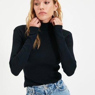 Kaşkorse Boğazlı Full Likralı Fitilli Body Kazak - Siyah