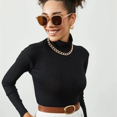 Kaşkorse Boğazlı Full Likralı Fitilli Body Kazak - Siyah