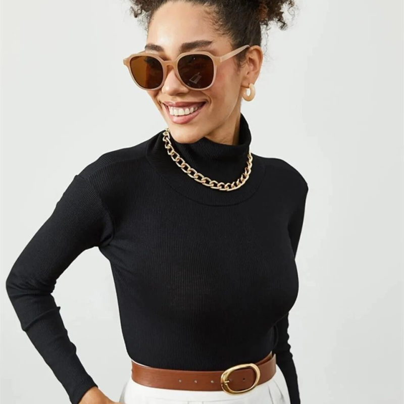 Kaşkorse Boğazlı Full Likralı Fitilli Body Kazak - Siyah