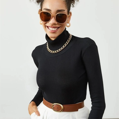 Kaşkorse Boğazlı Full Likralı Fitilli Body Kazak - Siyah