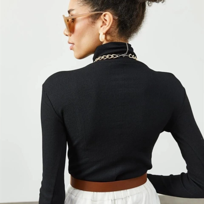 Kaşkorse Boğazlı Full Likralı Fitilli Body Kazak - Siyah