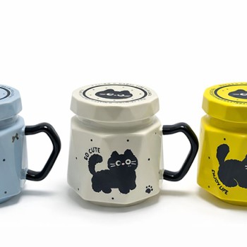 Kedi Desenli Kapaklı Seramik Kupa Bardak 