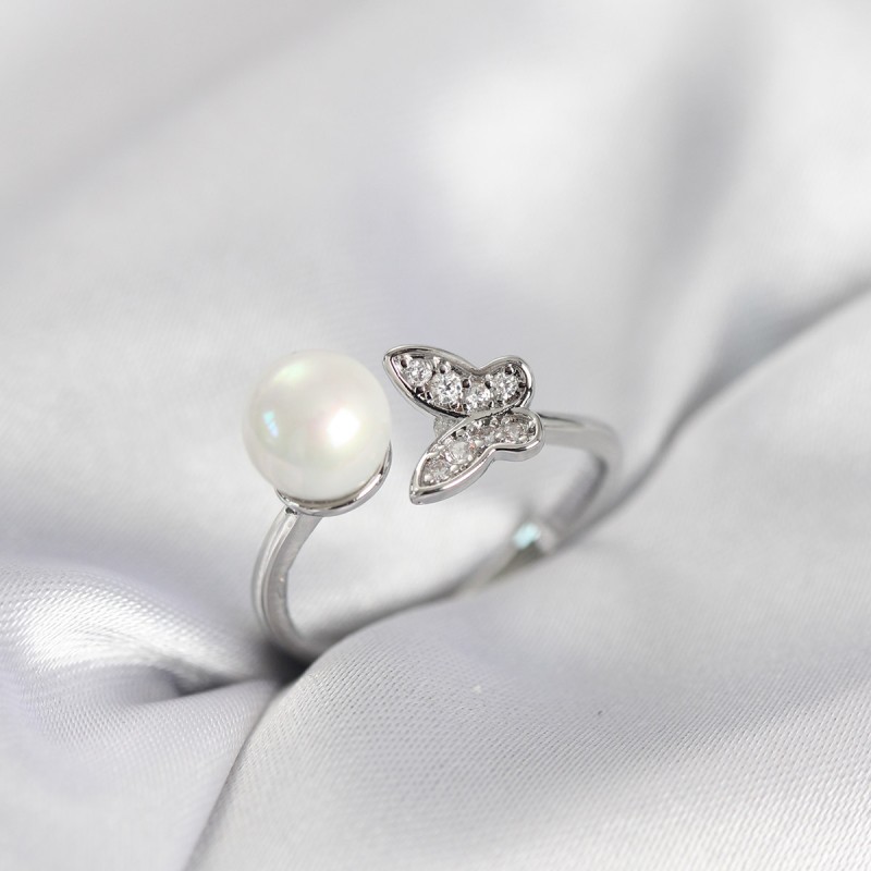 Kelebek İncili Model Gümüş Renk Zirkon Taşlı Kadın Yüzük