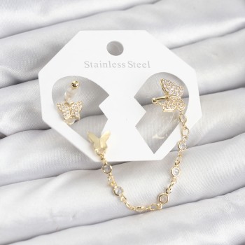 Kelebek Model Pirinç Gold Renk Zincir Bağlantılı Ear Cuff Küpe Seti