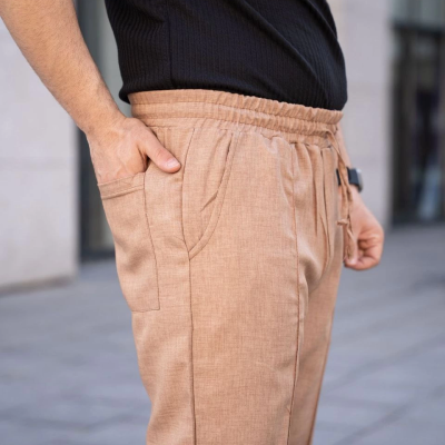 Keten Cepli Çıma Dikişli jogger Buggy Pantalon Rahat kalıp - Kahverengi