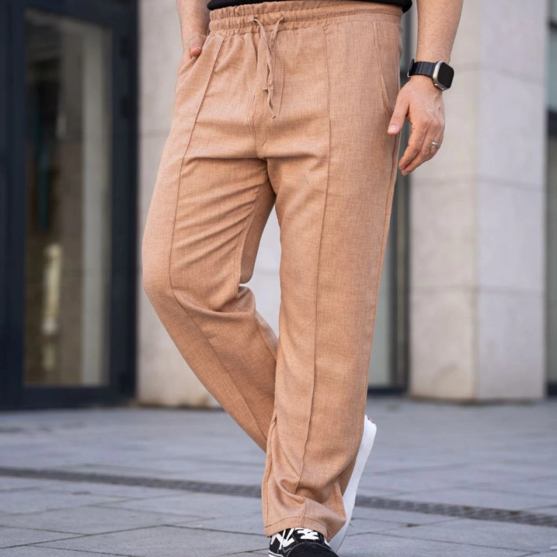 Keten Cepli Çıma Dikişli jogger Buggy Pantalon Rahat kalıp - Kahverengi