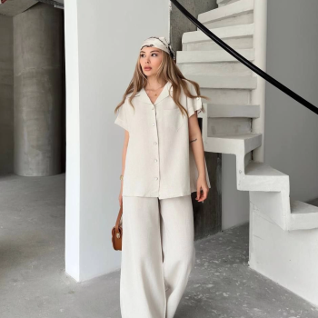 Keten Kısa Kollu Cepli Gömlek Pantolon ikili Takım - Beyaz -