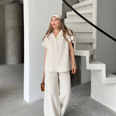 Keten Kısa Kollu Cepli Gömlek Pantolon ikili Takım - Beyaz -