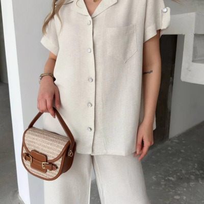 Keten Kısa Kollu Cepli Gömlek Pantolon ikili Takım - Beyaz -