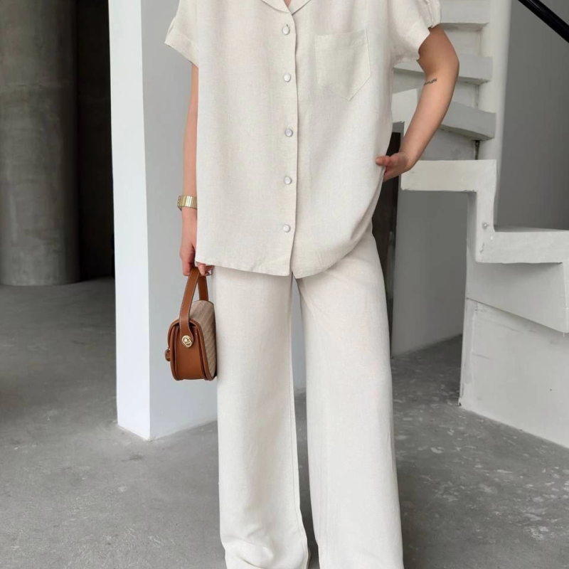 Keten Kısa Kollu Cepli Gömlek Pantolon ikili Takım - Beyaz -