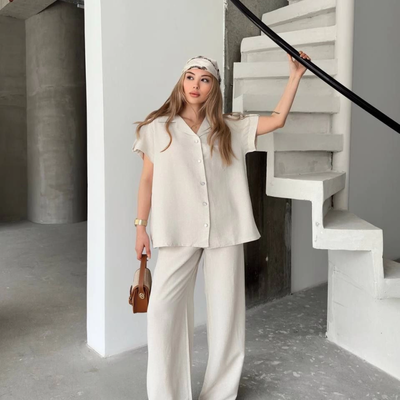 Keten Kısa Kollu Cepli Gömlek Pantolon ikili Takım - Beyaz -