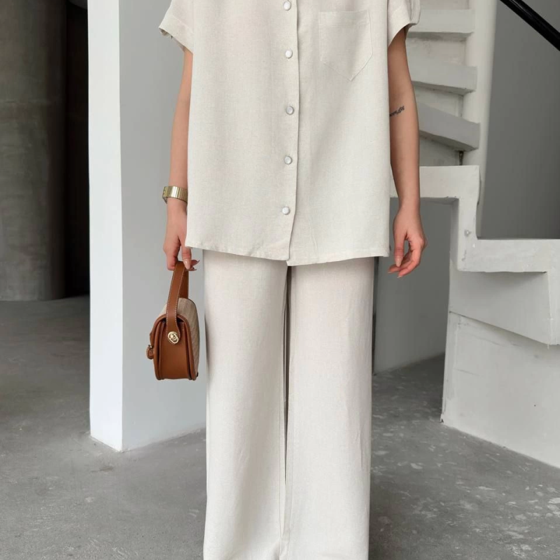 Keten Kısa Kollu Cepli Gömlek Pantolon ikili Takım - Beyaz -