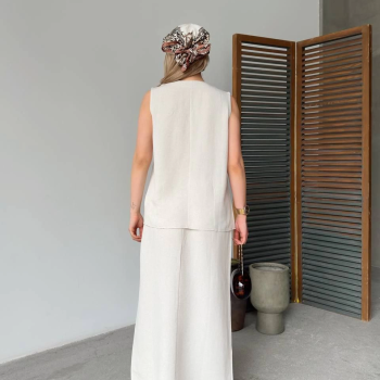 Keten Kolsuz Sıfır Yaka İlik Düğmeli Kolsuz Hırka Etek ikili Takım- Beyaz -