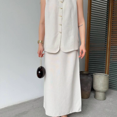 Keten Kolsuz Sıfır Yaka İlik Düğmeli Kolsuz Hırka Etek ikili Takım- Beyaz -