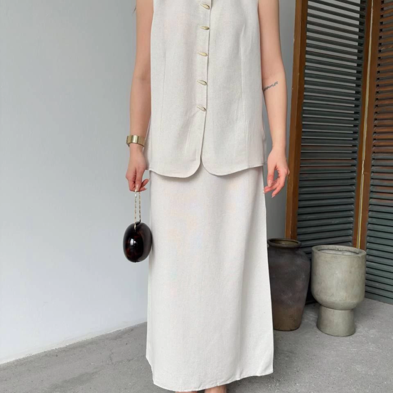 Keten Kolsuz Sıfır Yaka İlik Düğmeli Kolsuz Hırka Etek ikili Takım- Beyaz -