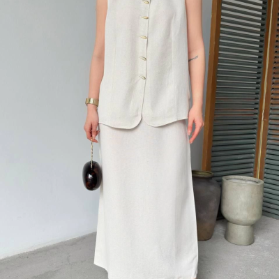 Keten Kolsuz Sıfır Yaka İlik Düğmeli Kolsuz Hırka Etek ikili Takım- Beyaz -