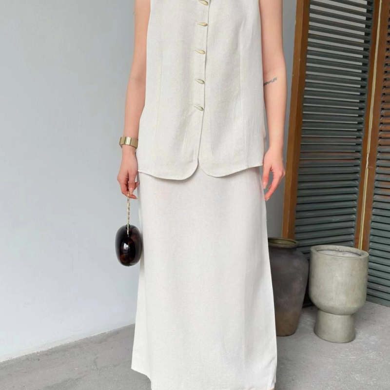 Keten Kolsuz Sıfır Yaka İlik Düğmeli Kolsuz Hırka Etek ikili Takım- Beyaz -